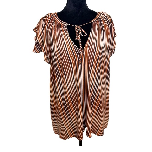 Eloquii | Plus Size 26| Brown and Orange Flutter Sleeve Blouse with Tie Front - Picture 1 of 9